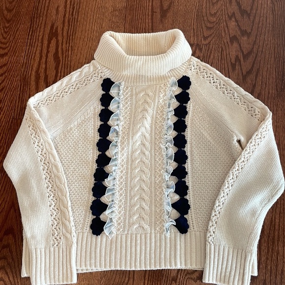 J CREW cable knit embellished ruffled front sweater cowl neck WOOL cream size XS - Picture 15 of 17